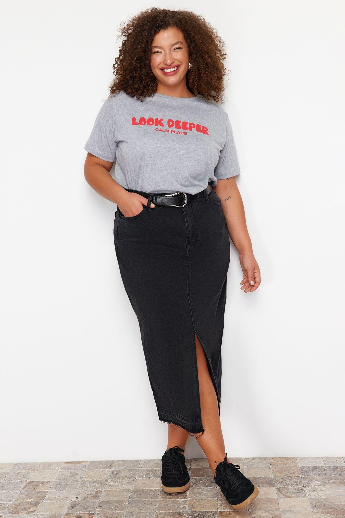 Black Denim Plus-Size Skirt, , large image number 5