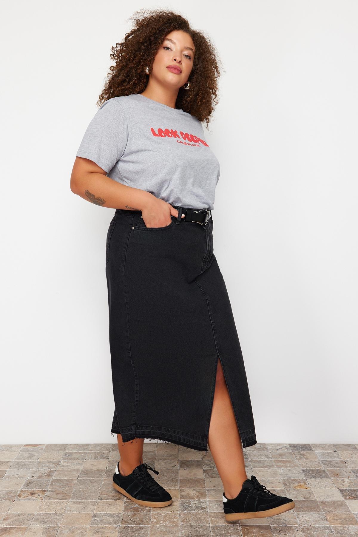 Black Denim Plus-Size Skirt, , large image number 6