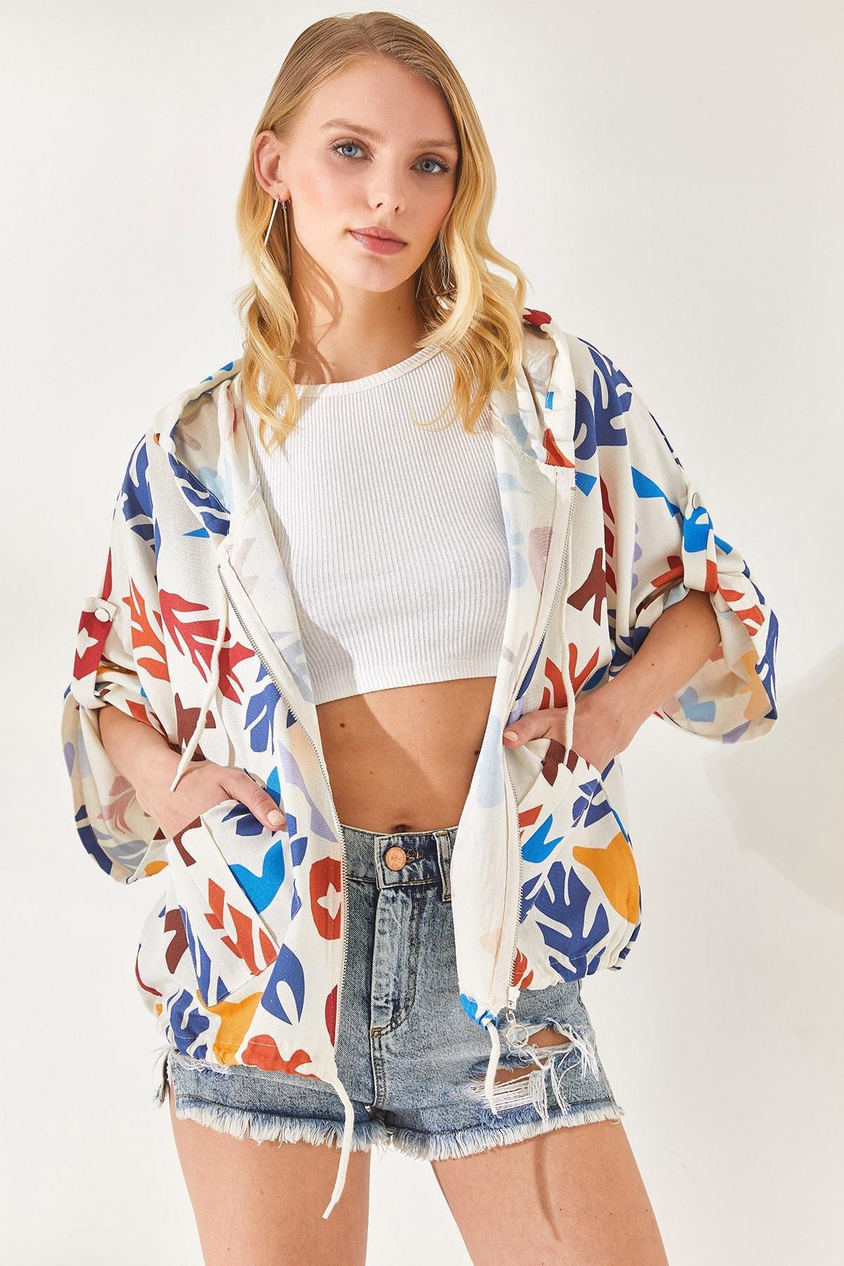 Ecru Hooded Floral Jacket, Ecru, large image number 2