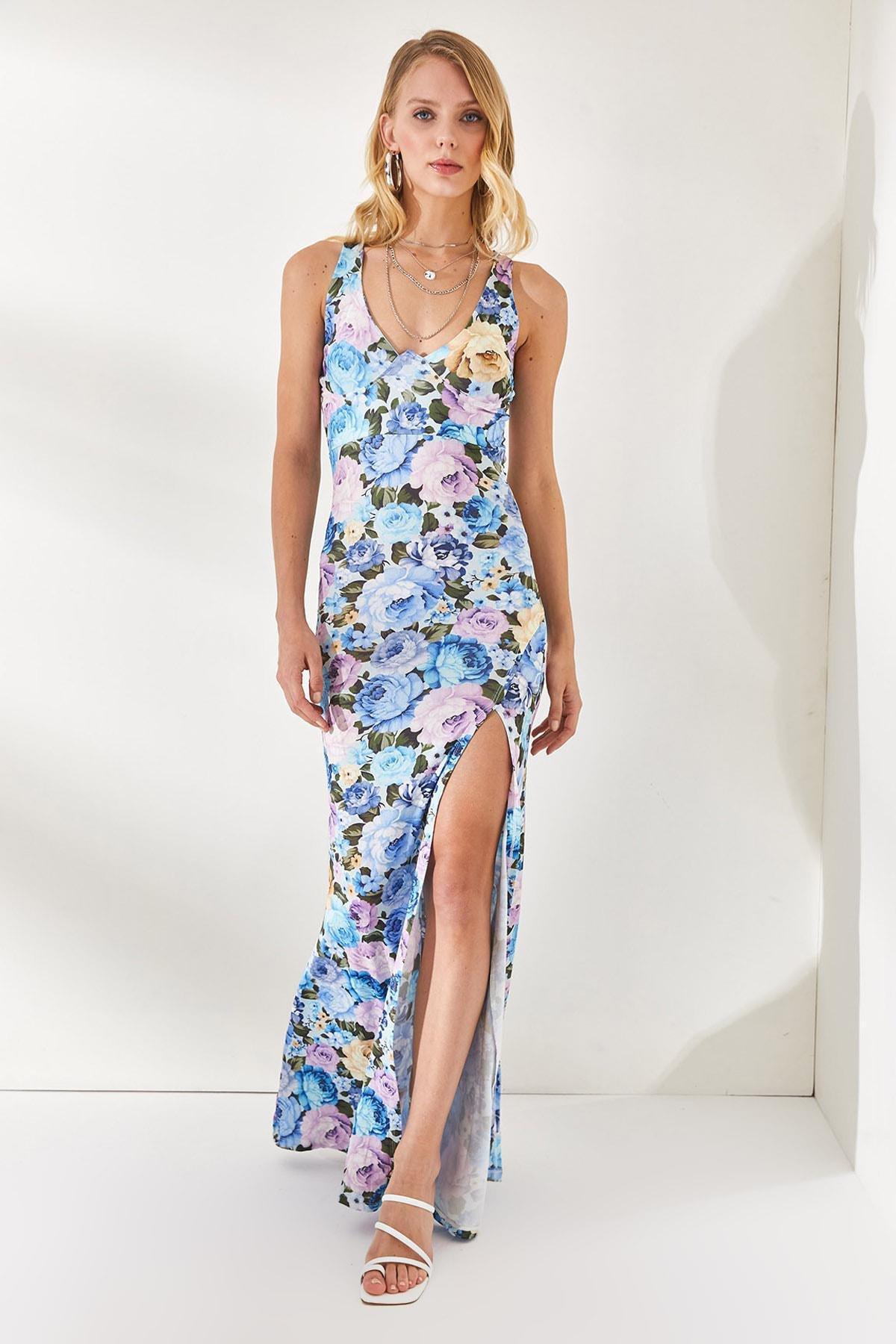 Blue Thigh-High Slit Dress, Blue, large image number 3