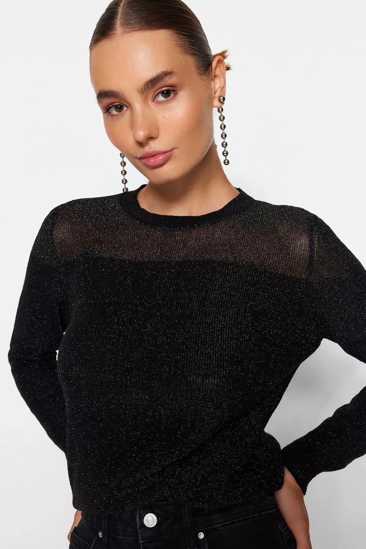 Black Glittery Transparent Knitwear Sweater, BLACK, large image number 0