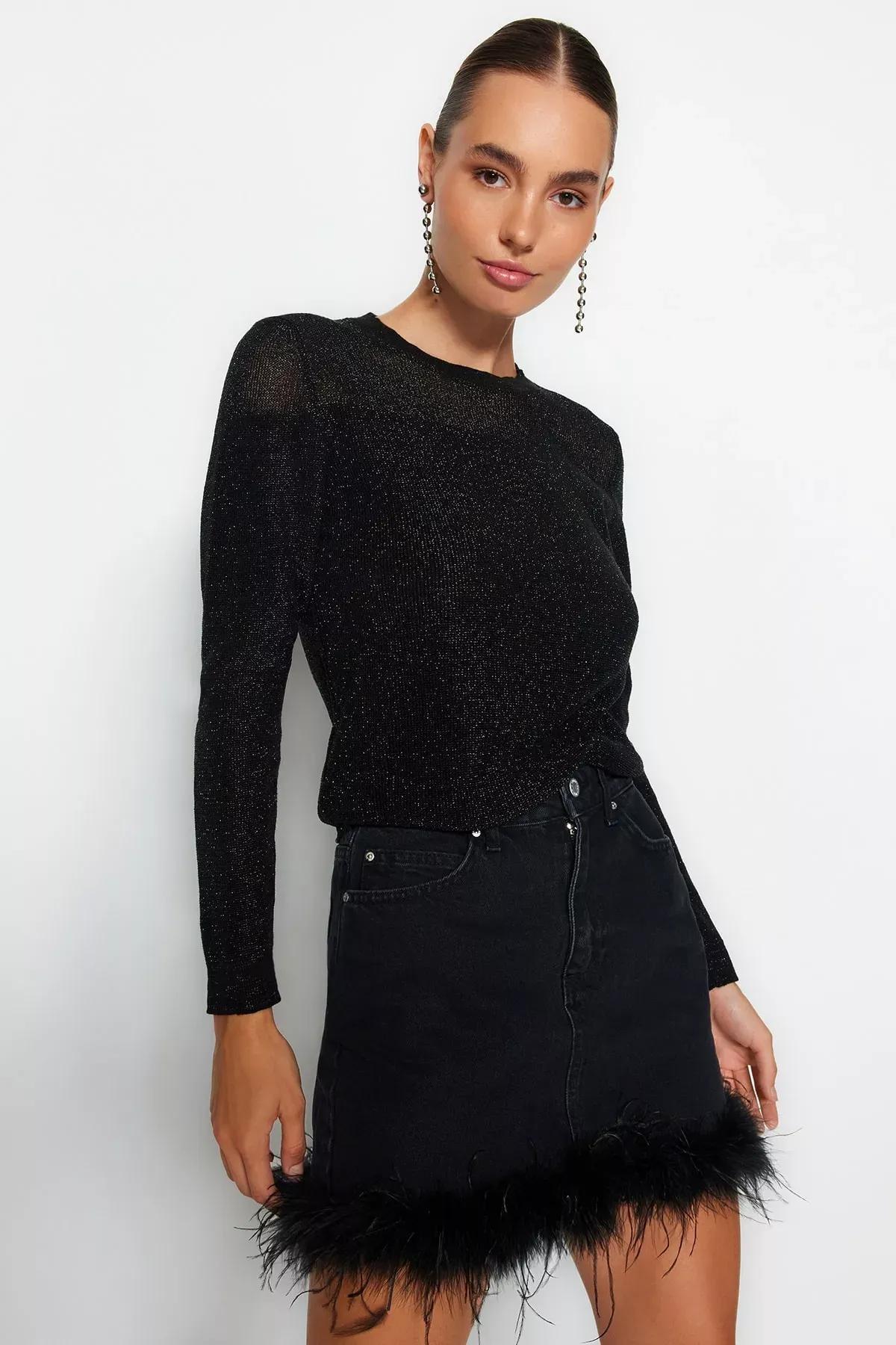 Black Glittery Transparent Knitwear Sweater, BLACK, large image number 2