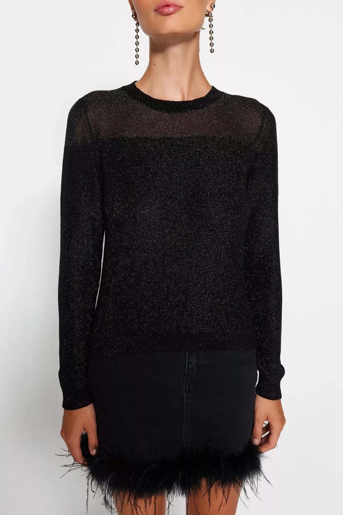 Black Glittery Transparent Knitwear Sweater, BLACK, large image number 3