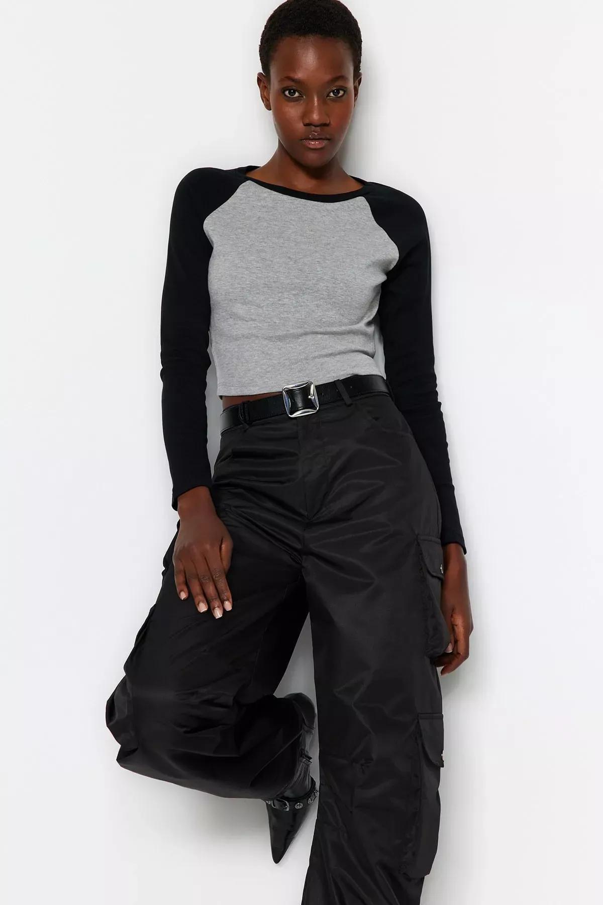 Grey Raglan Sleeve Ribbed Cropped Knitted T-Shirt, C101_1653, large image number 0