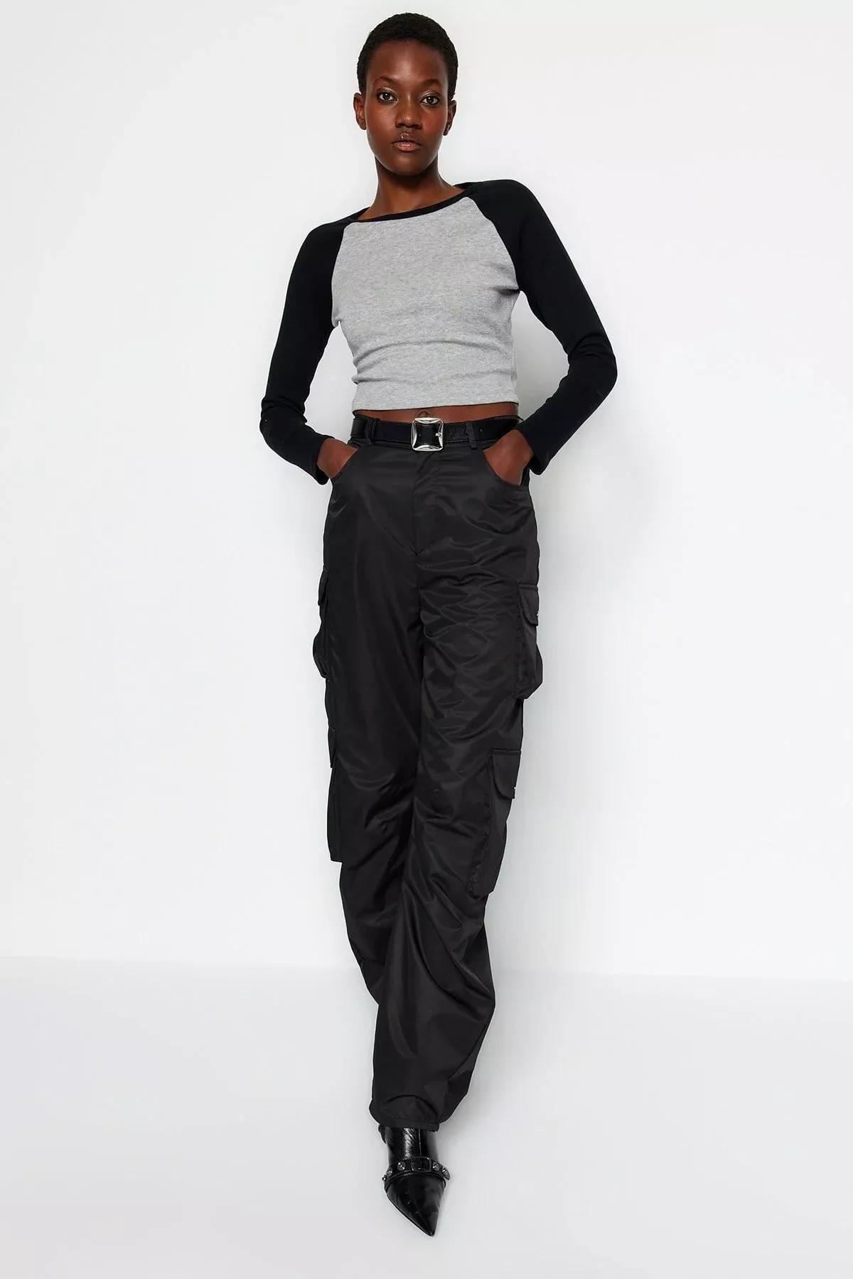 Grey Raglan Sleeve Ribbed Cropped Knitted T-Shirt, C101_1653, large image number 2