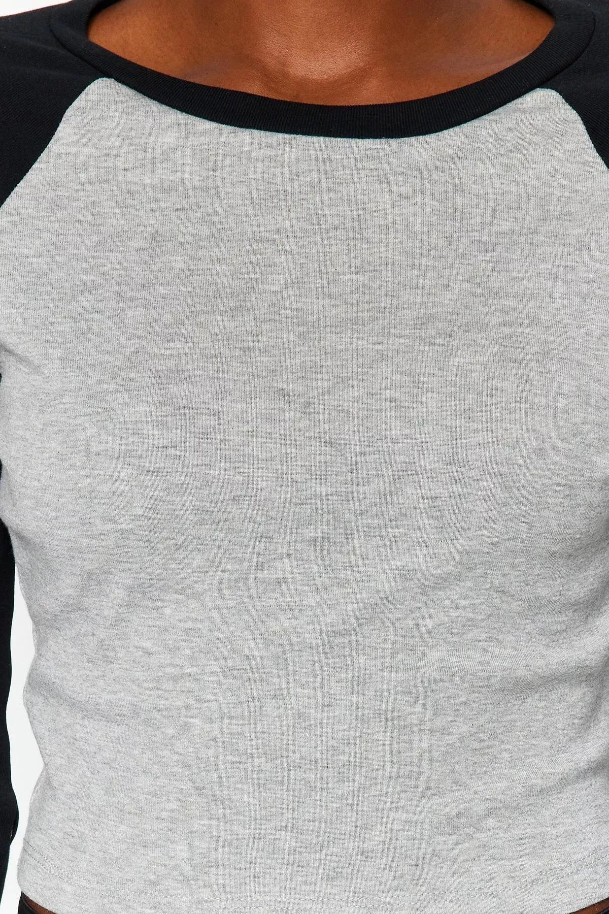 Grey Raglan Sleeve Ribbed Cropped Knitted T-Shirt, C101_1653, large image number 4