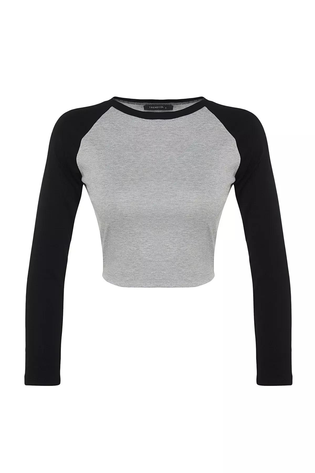 Grey Raglan Sleeve Ribbed Cropped Knitted T-Shirt, C101_1653, large image number 5