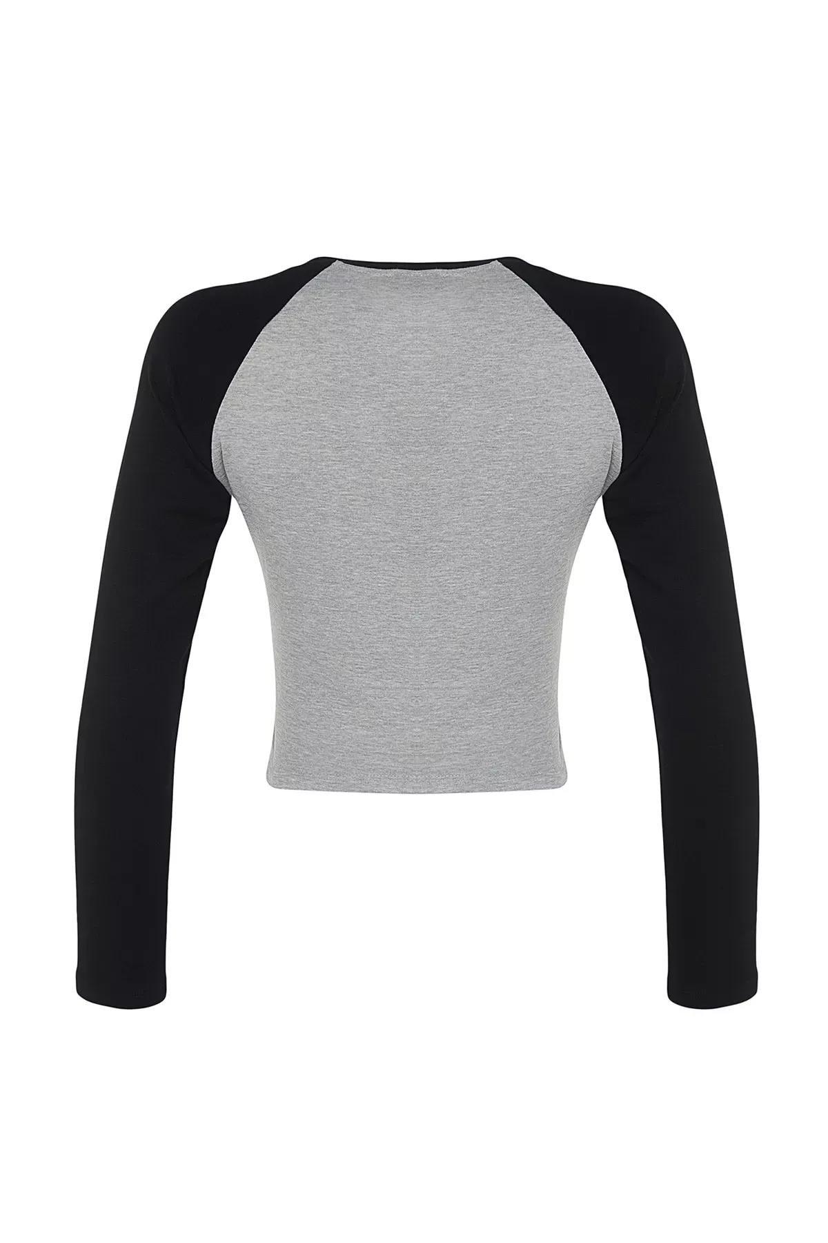 Grey Raglan Sleeve Ribbed Cropped Knitted T-Shirt, C101_1653, large image number 7