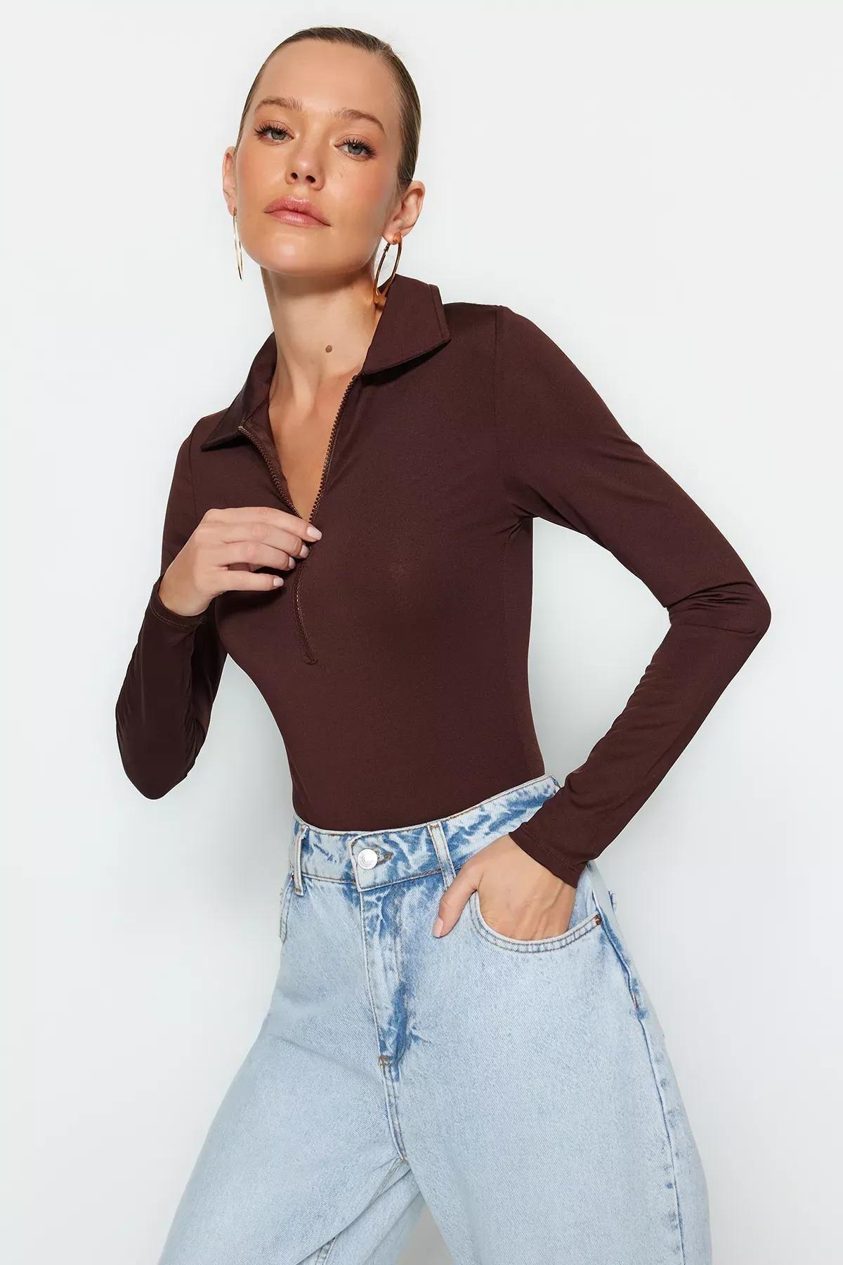 Brown Zippered Collared Detailed Bodysuit, , large image number 0