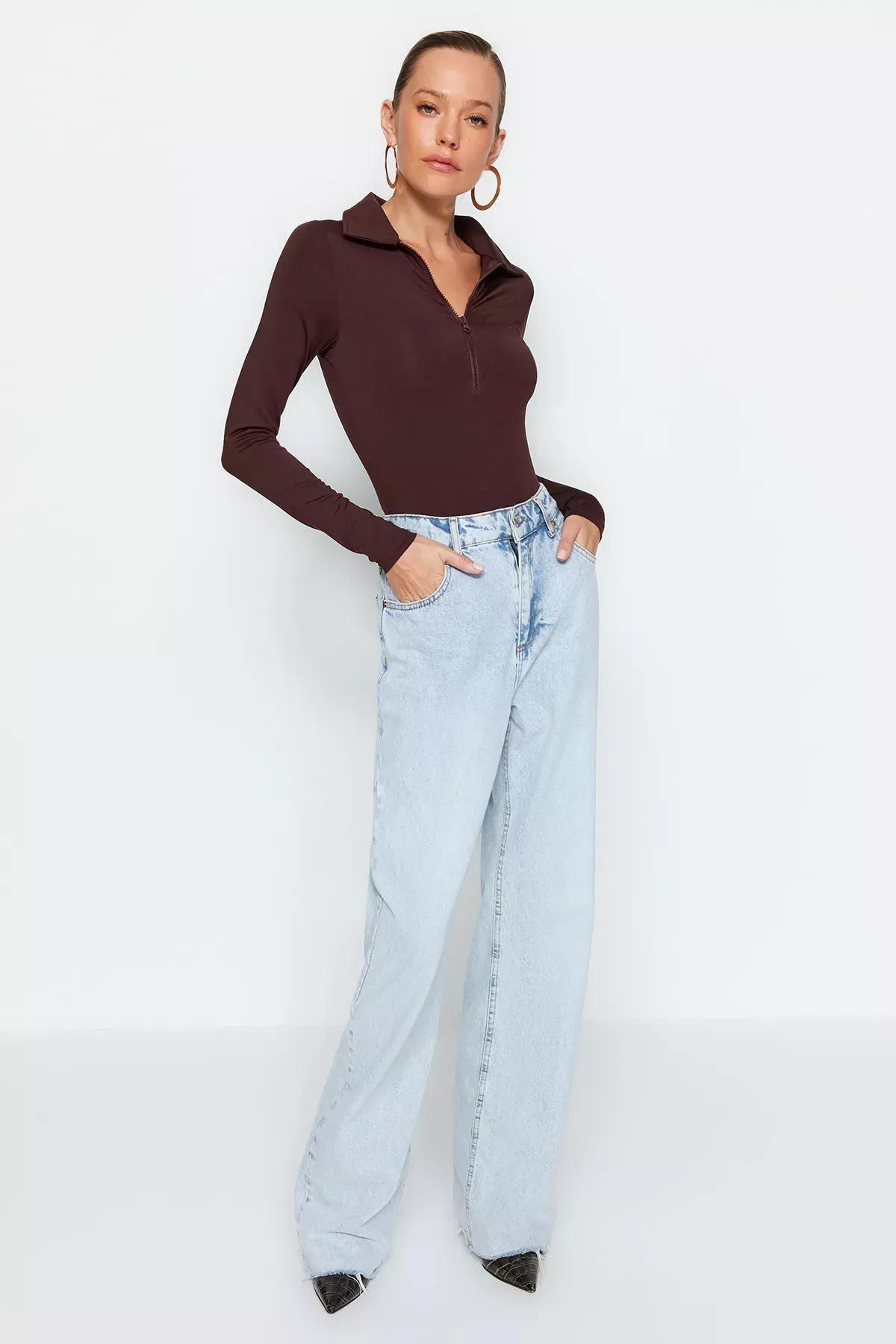 Brown Zippered Collared Detailed Bodysuit, Brown, large image number 1