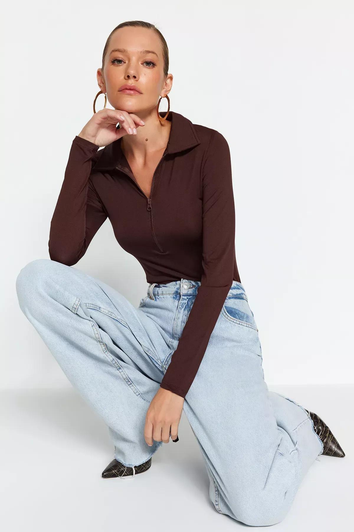 Brown Zippered Collared Detailed Bodysuit, , large image number 2