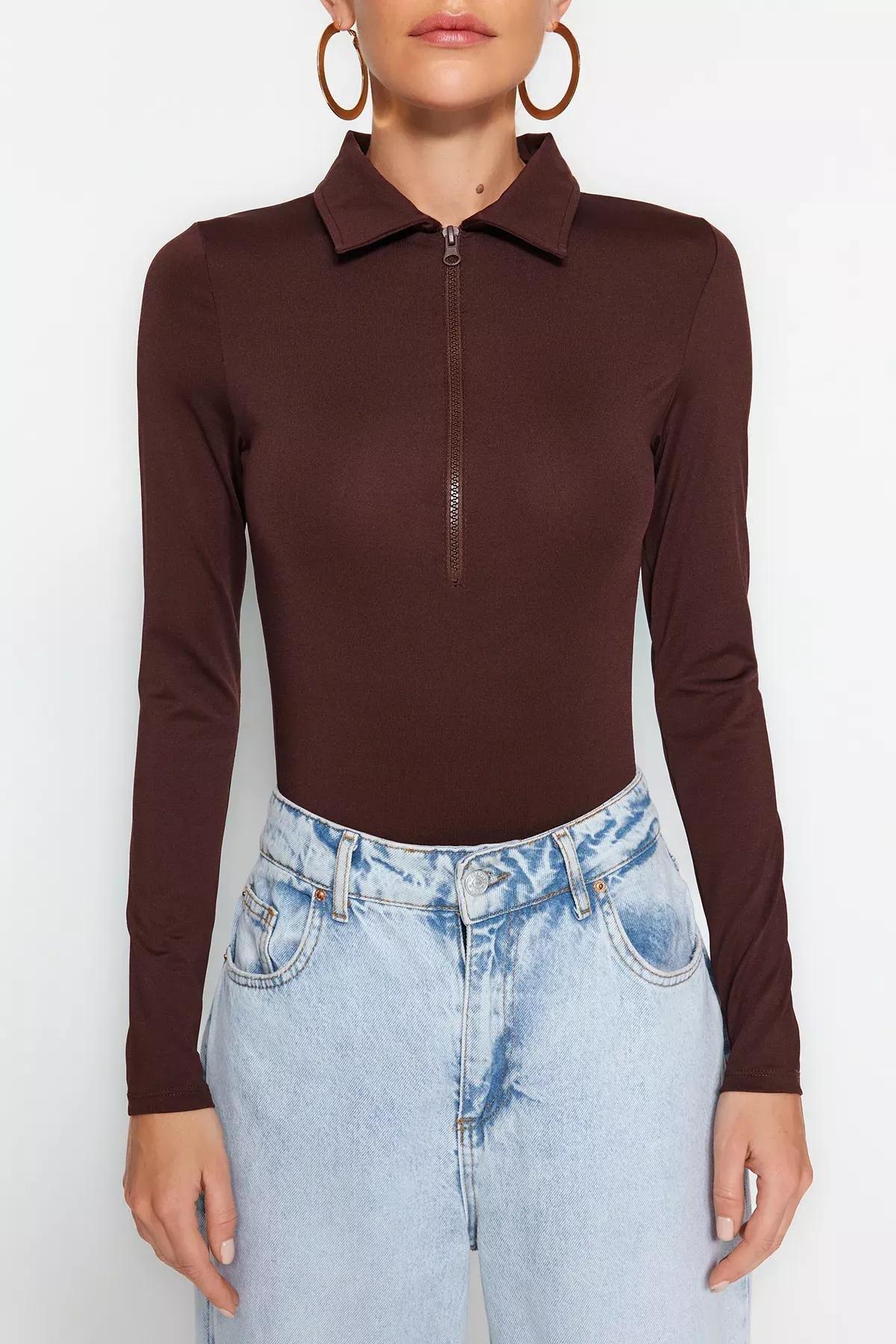 Brown Zippered Collared Detailed Bodysuit, , large image number 3