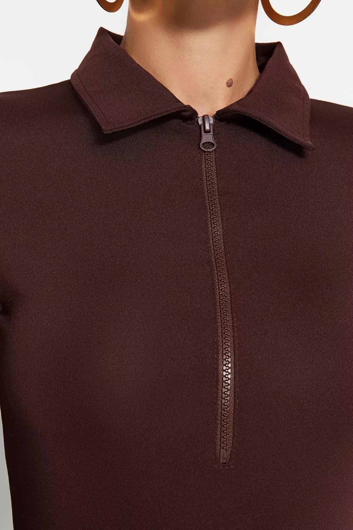 Brown Zippered Collared Detailed Bodysuit, , large image number 4