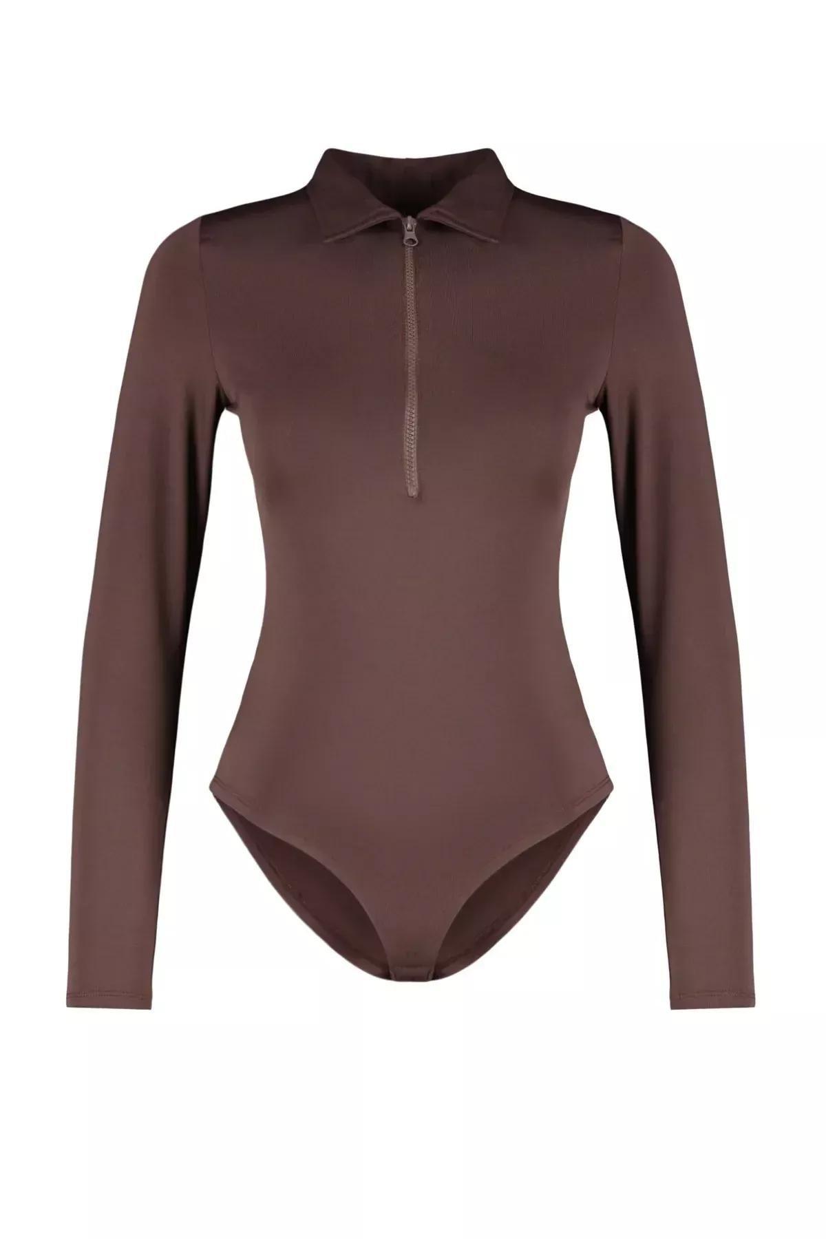 Brown Zippered Collared Detailed Bodysuit, , large image number 5