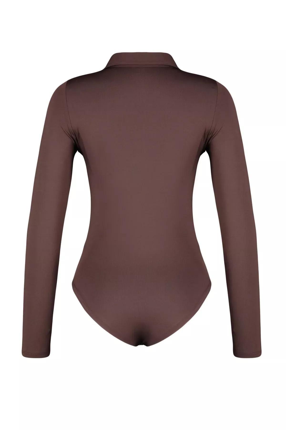 Brown Zippered Collared Detailed Bodysuit, , large image number 6