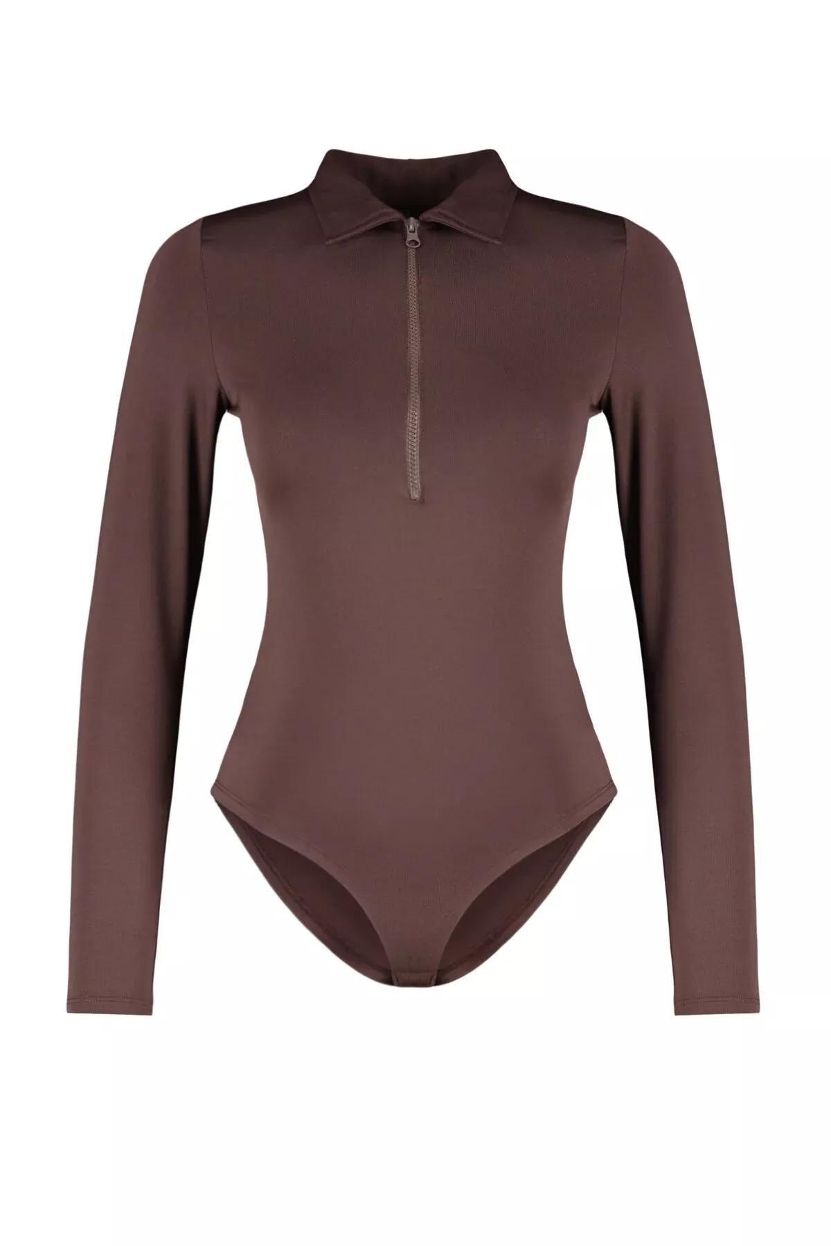 Brown Zippered Collared Detailed Bodysuit, Brown, large image number 7