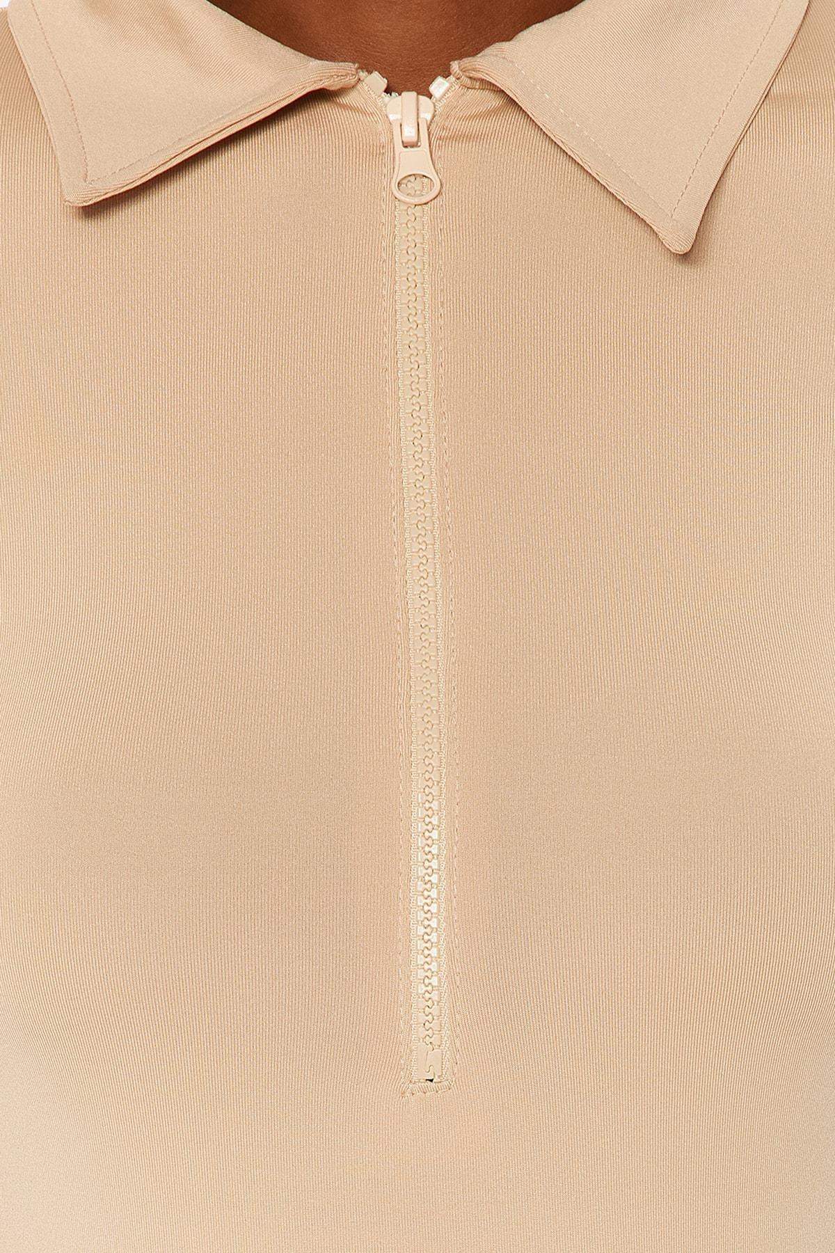 Beige Zipper Collar Knitted Body, , large image number 3