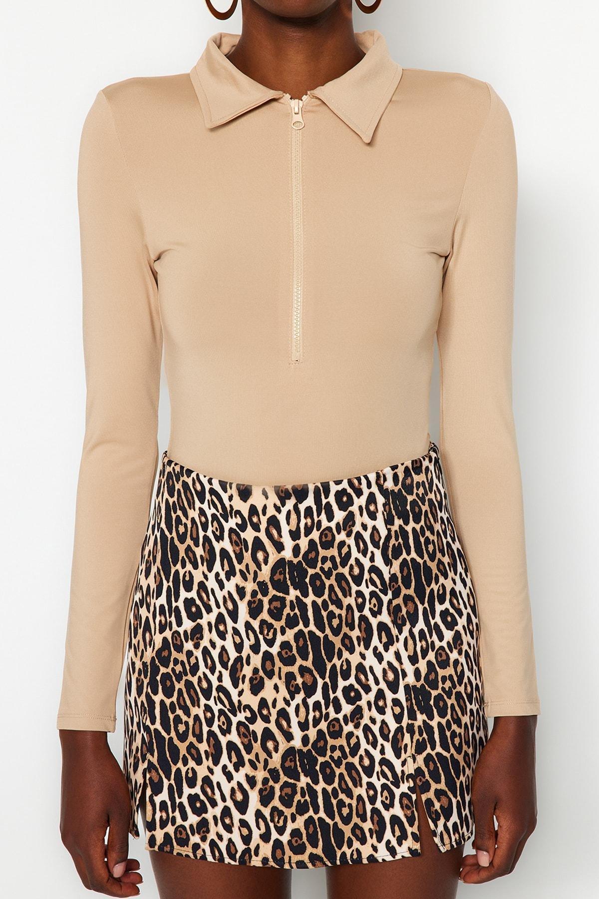 Beige Zipper Collar Knitted Body, , large image number 4