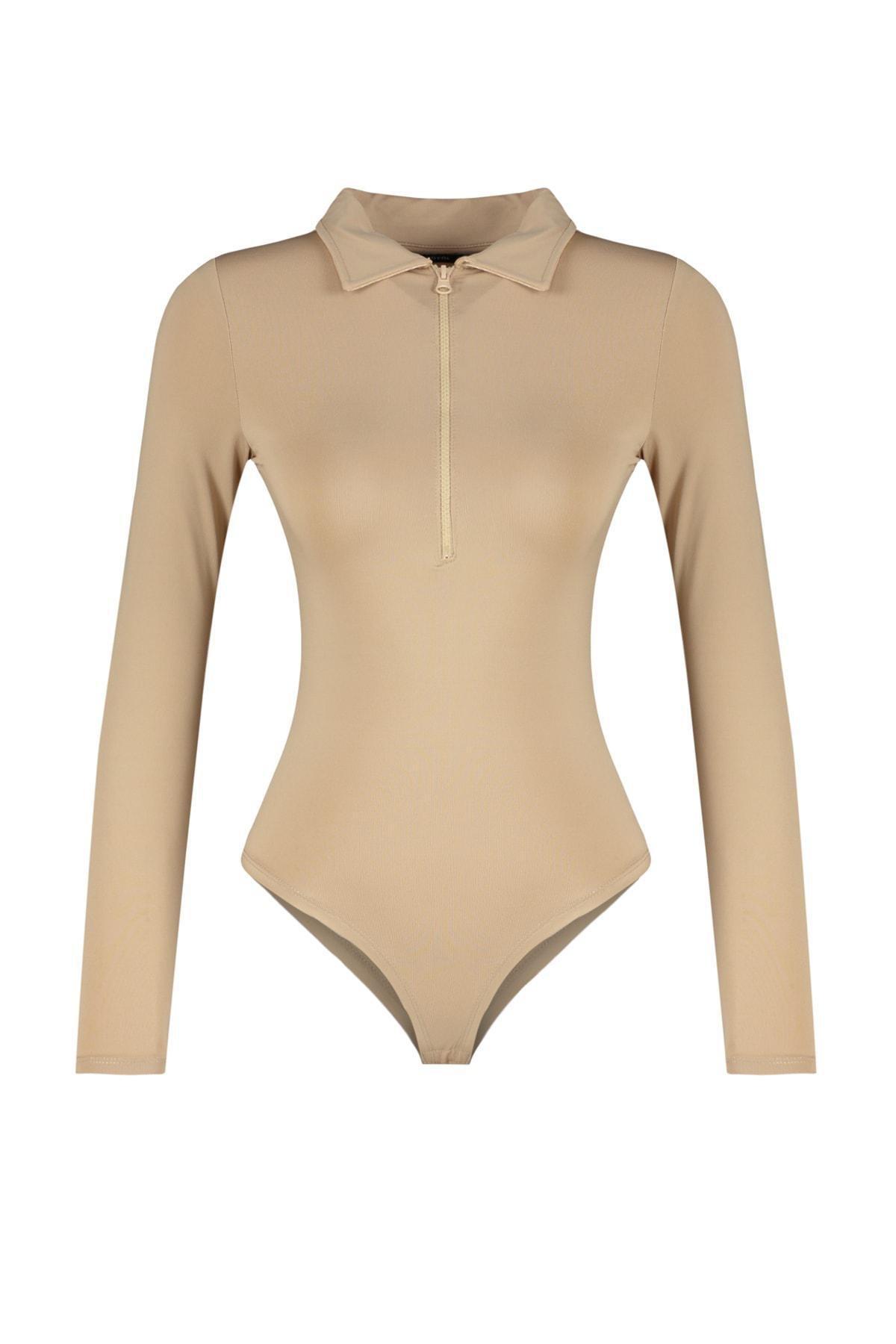 Beige Zipper Collar Knitted Body, , large image number 5