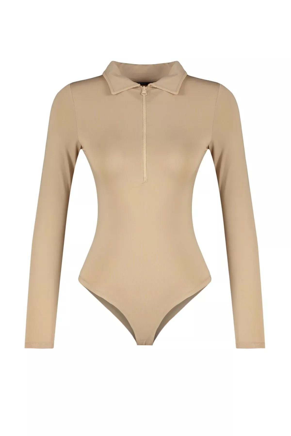 Beige Zipper Collar Knitted Body, Beige, large image number 5