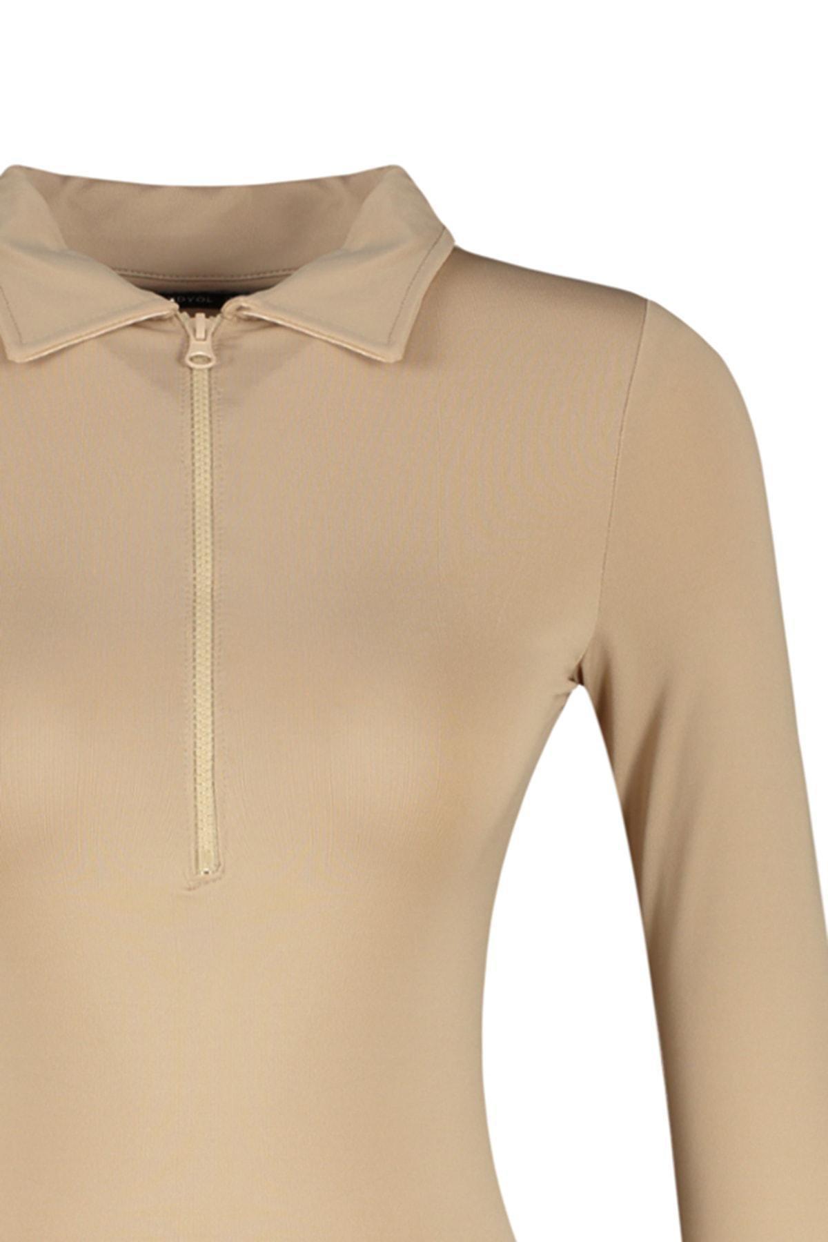 Beige Zipper Collar Knitted Body, , large image number 6