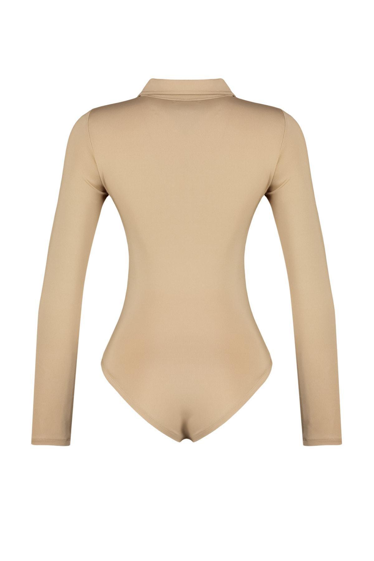 Beige Zipper Collar Knitted Body, , large image number 7