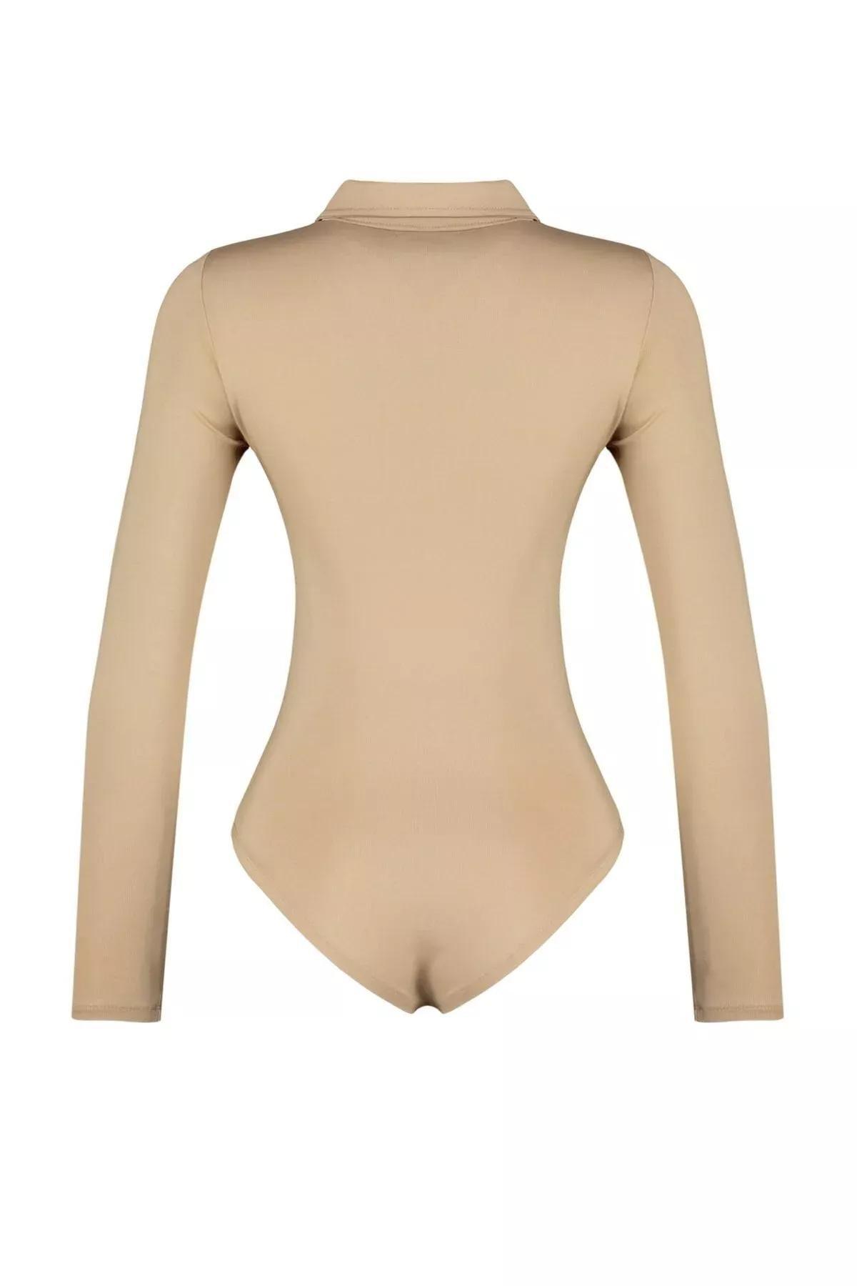 Beige Zipper Collar Knitted Body, Beige, large image number 7