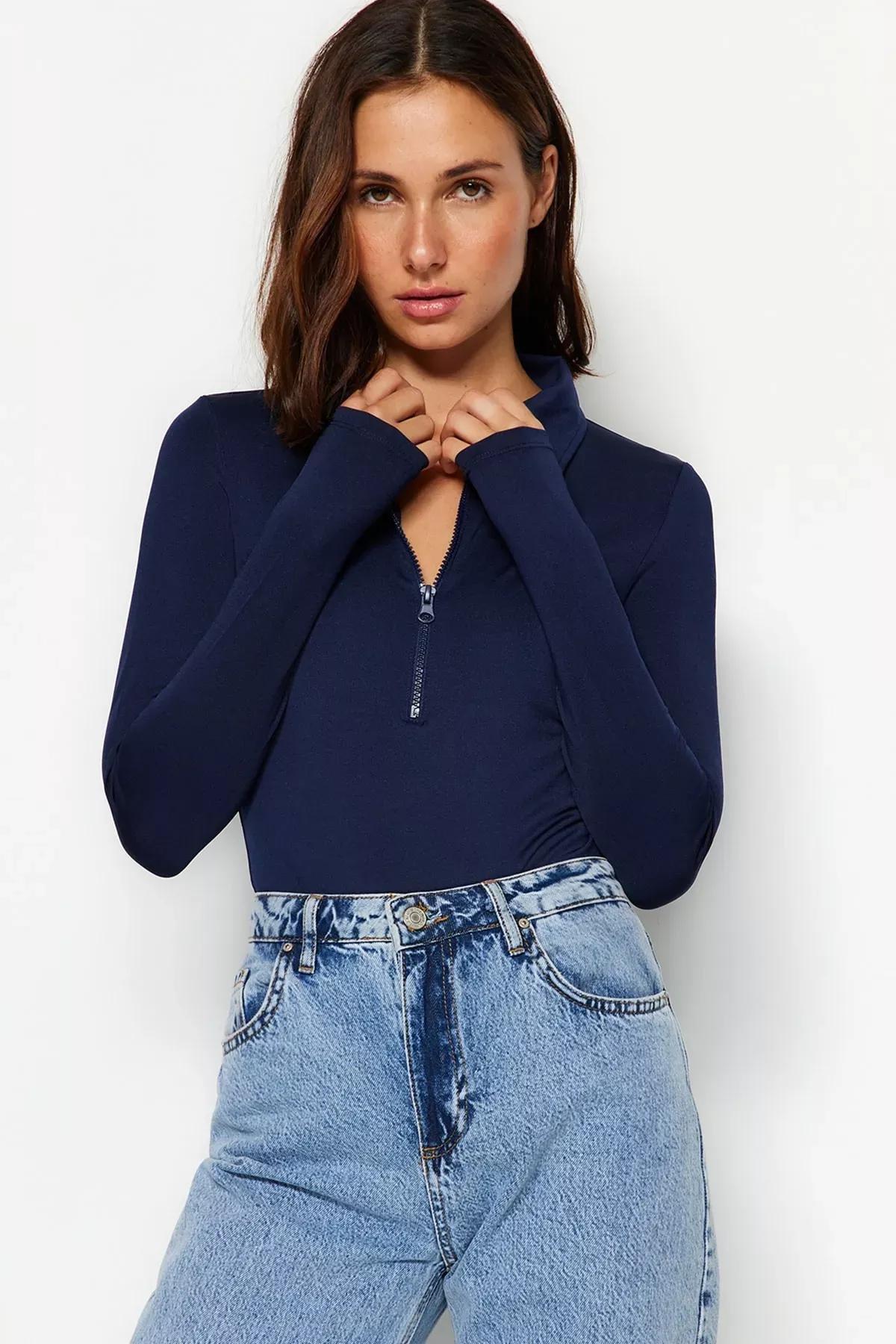Navy Zipper Collar Bodysuit, Navy blue, large image number 0