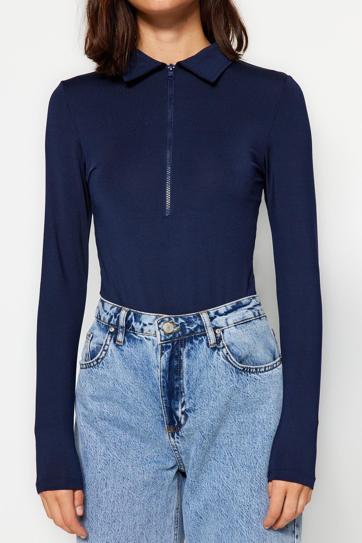 Navy Zipper Collar Bodysuit, , large image number 1
