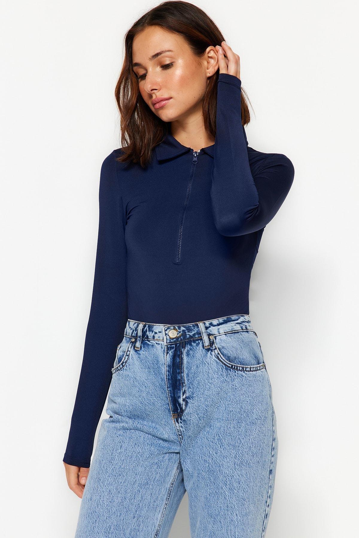 Navy Zipper Collar Bodysuit, , large image number 2