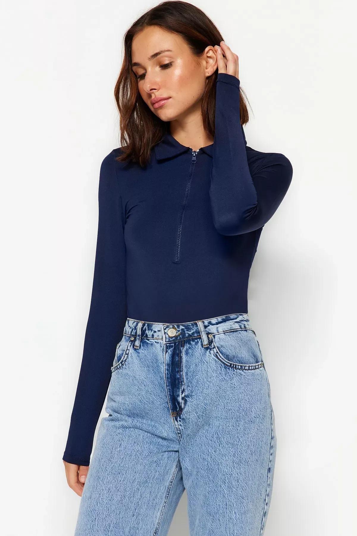 Navy Zipper Collar Bodysuit, Navy blue, large image number 2