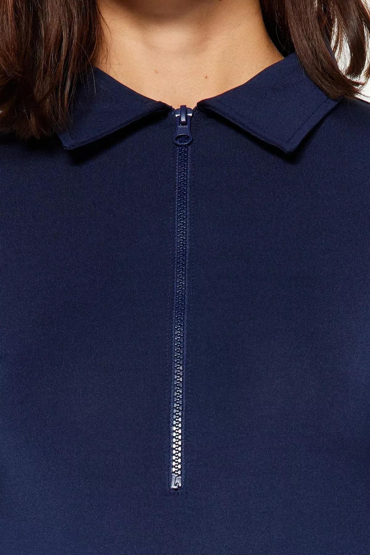 Navy Zipper Collar Bodysuit, Navy blue, large image number 4