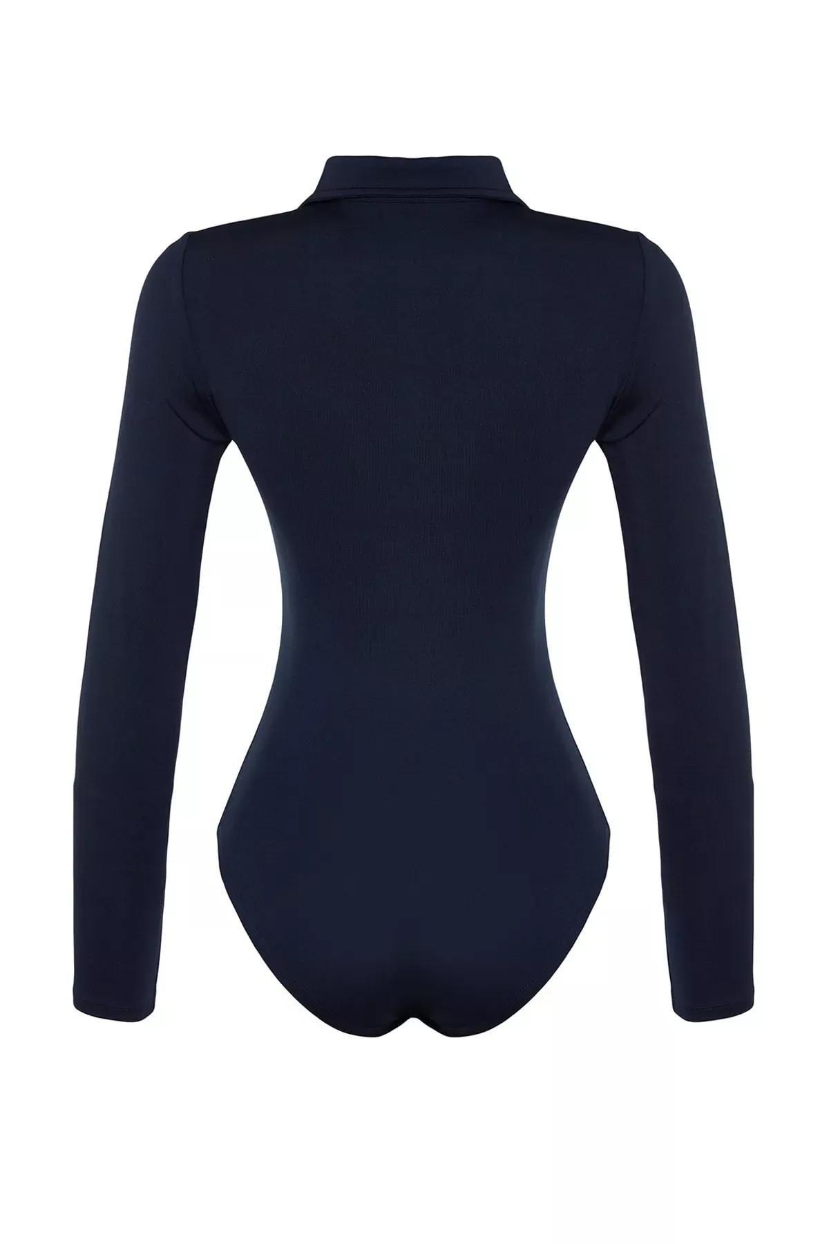 Navy Zipper Collar Bodysuit, Navy blue, large image number 7