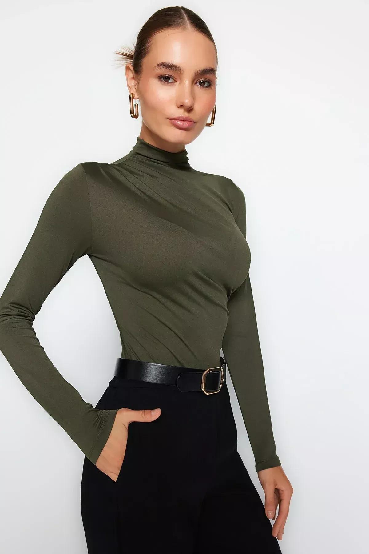 Brown Shirring Standing Collar Knitted Body, Khaki, large image number 2