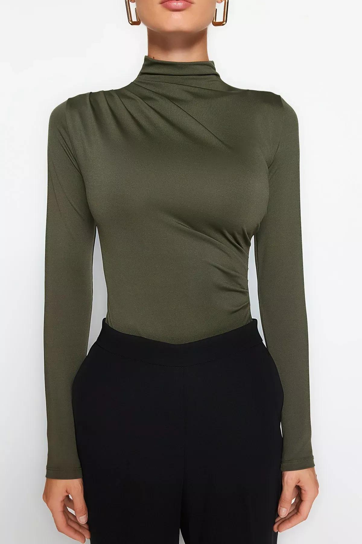 Brown Shirring Standing Collar Knitted Body, Khaki, large image number 3