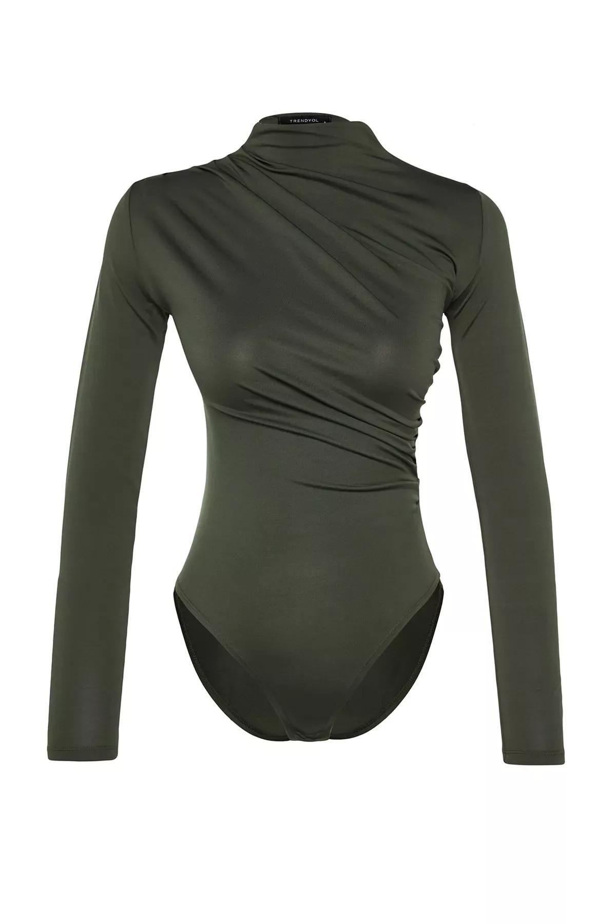 Brown Shirring Standing Collar Knitted Body, Khaki, large image number 5