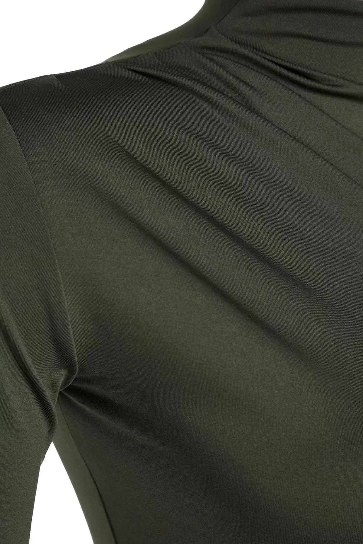 Brown Shirring Standing Collar Knitted Body, Khaki, large image number 6