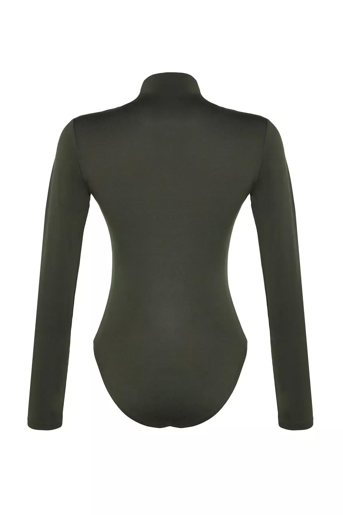 Brown Shirring Standing Collar Knitted Body, Khaki, large image number 7