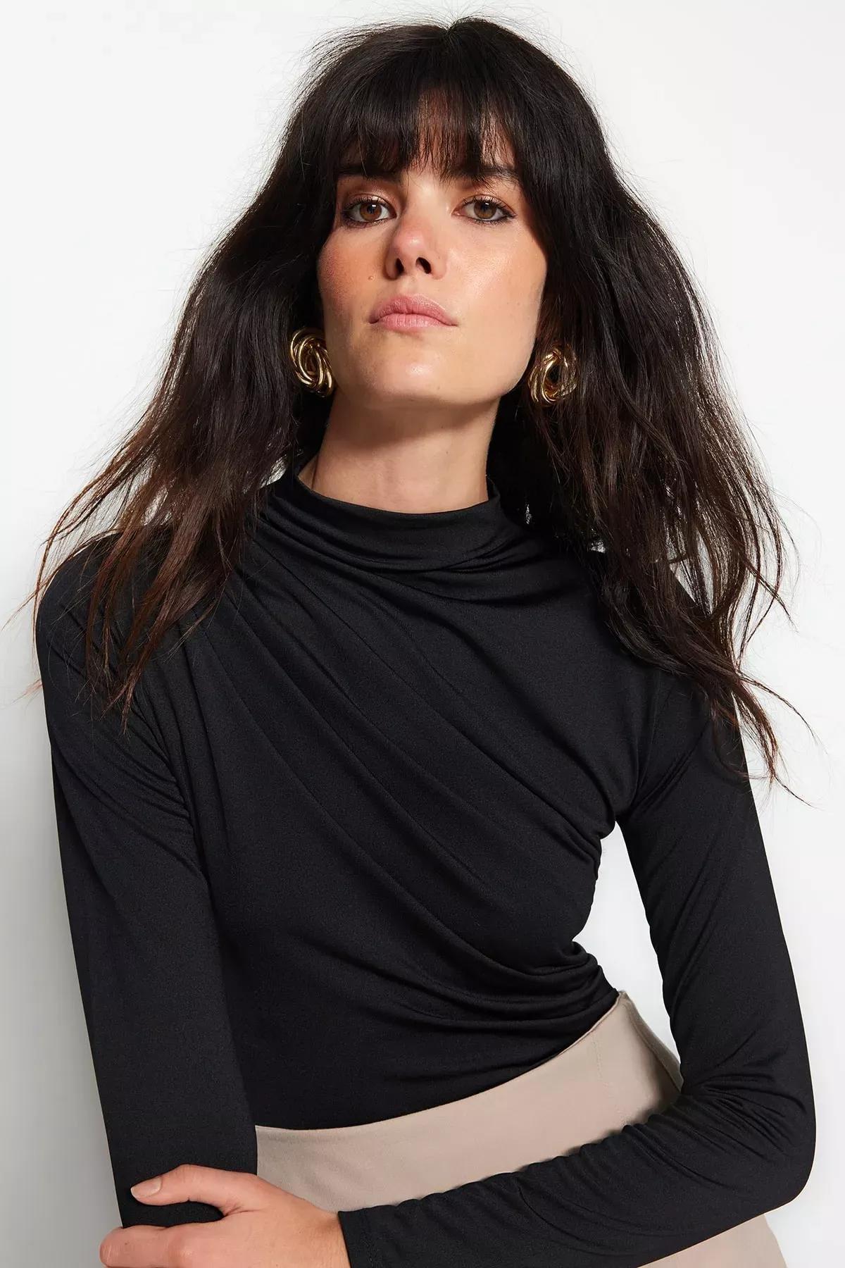 Black Ruffle Stand Collar Knitted Body, BLACK, medium