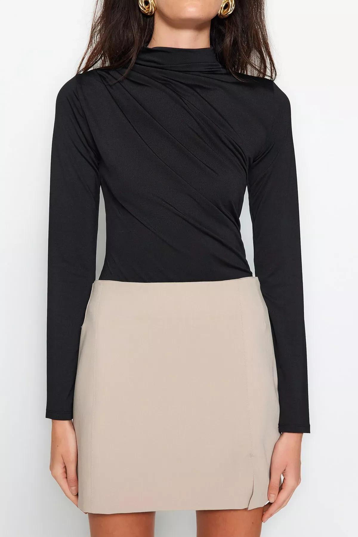 Black Ruffle Stand Collar Knitted Body, BLACK, large image number 3