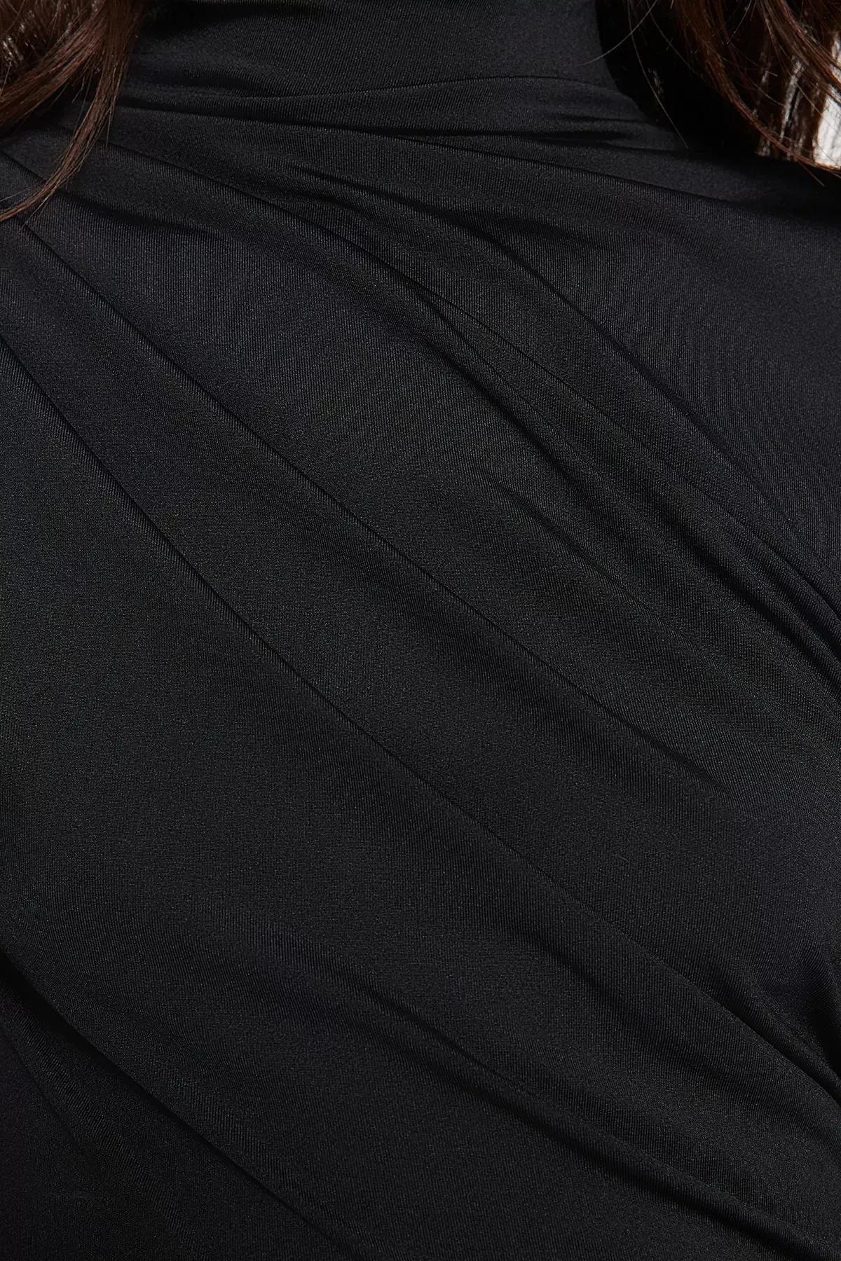 Black Ruffle Stand Collar Knitted Body, BLACK, large image number 4