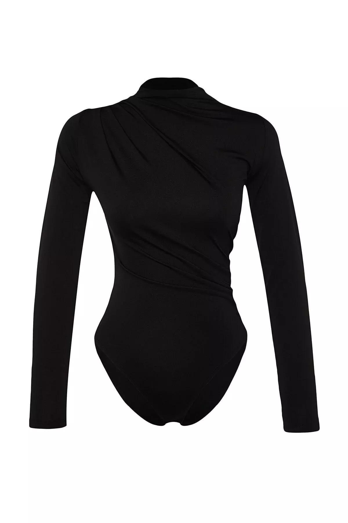 Black Ruffle Stand Collar Knitted Body, BLACK, large image number 5