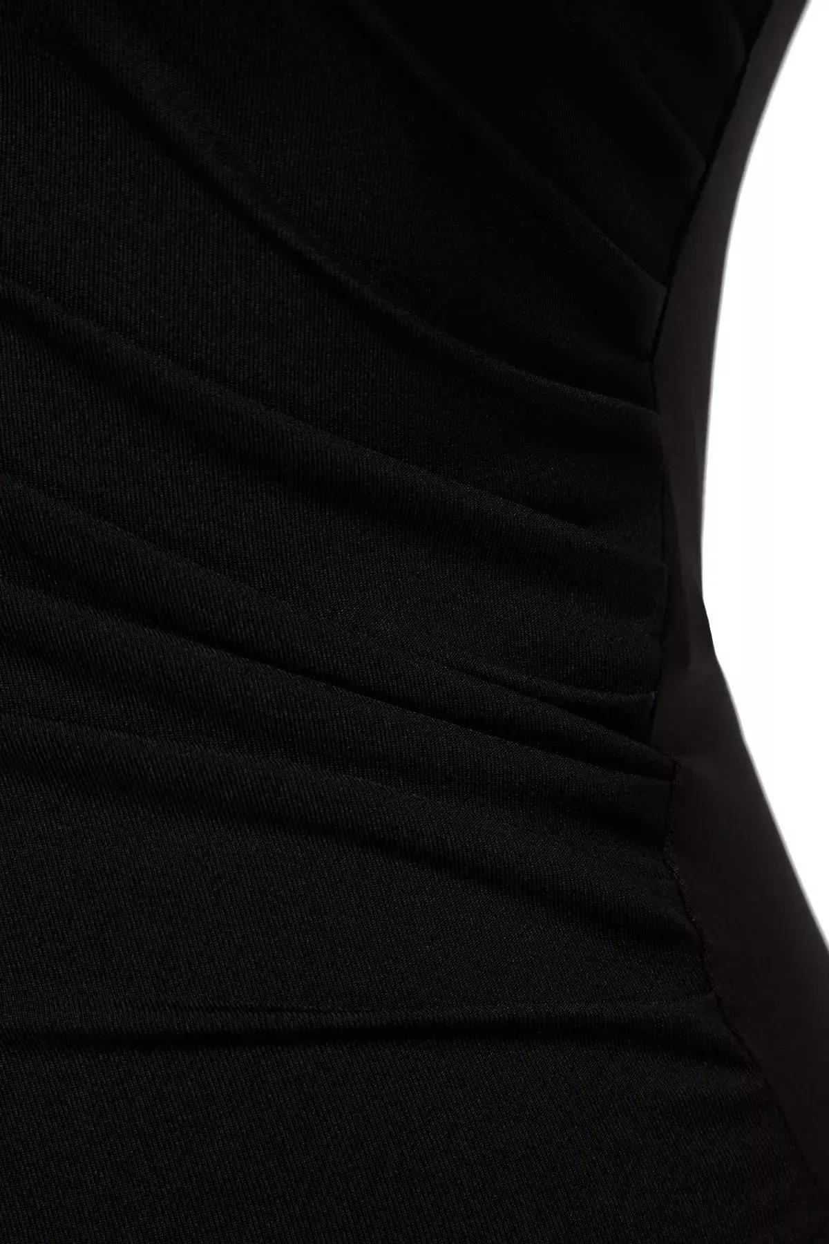 Black Ruffle Stand Collar Knitted Body, BLACK, large image number 6