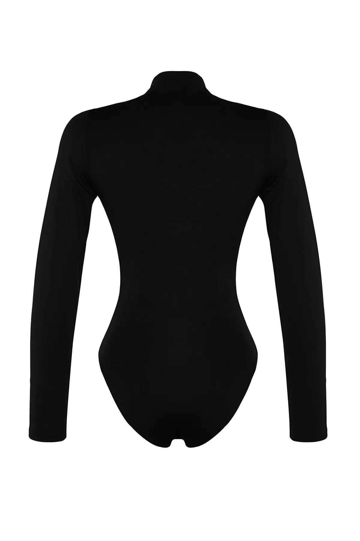 Black Ruffle Stand Collar Knitted Body, BLACK, large image number 7