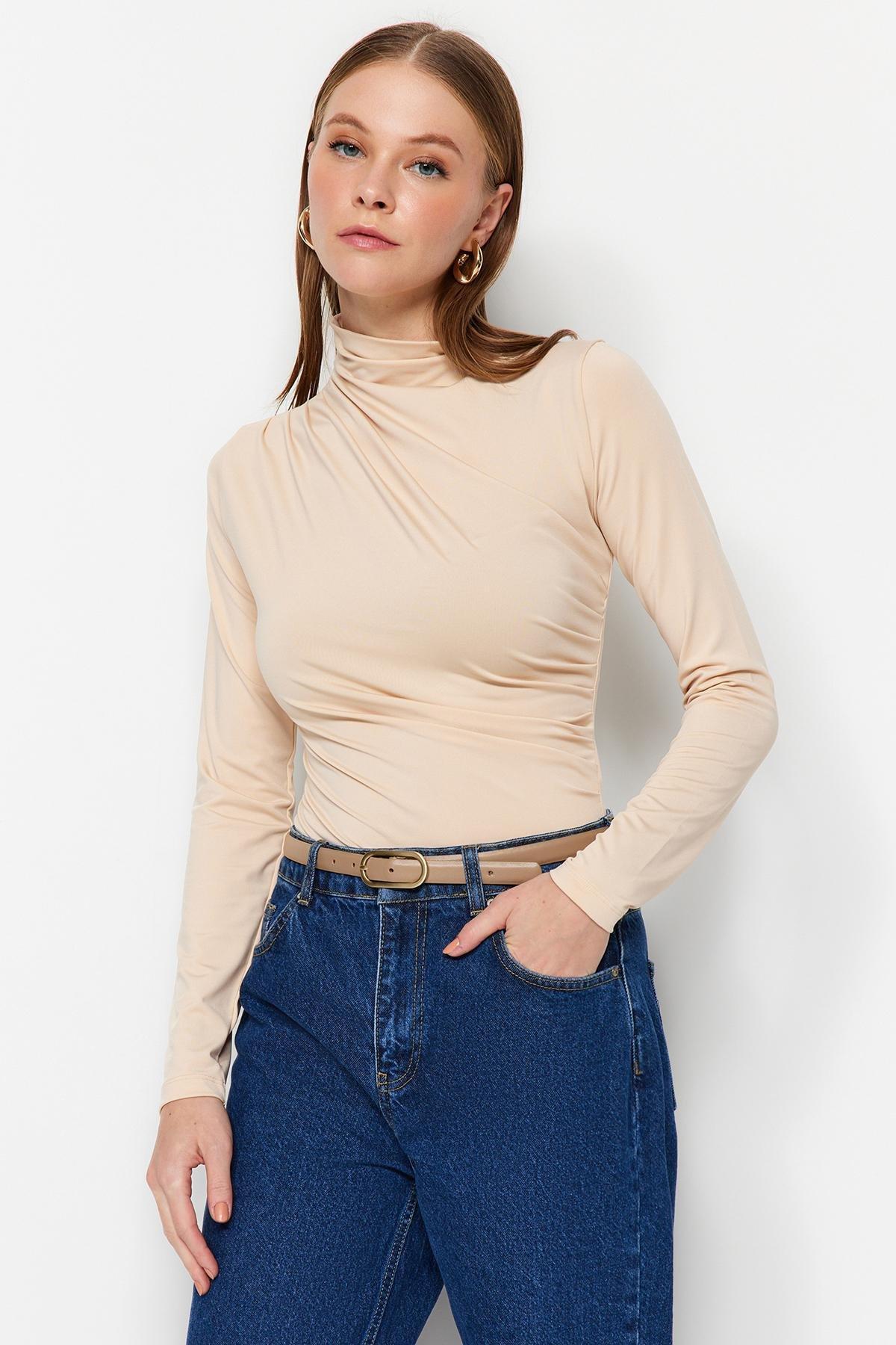 Beige High Neck Elastic Knitted Bodysuit, , medium