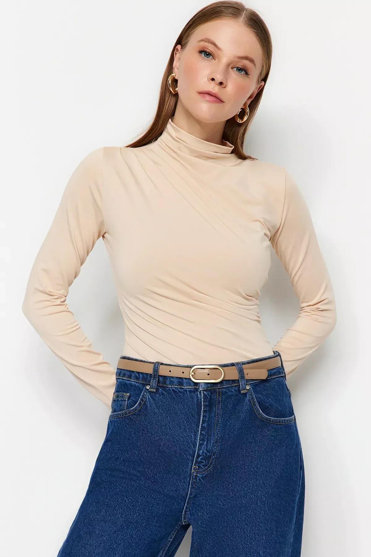 Beige High Neck Elastic Knitted Bodysuit, STONE, large image number 2