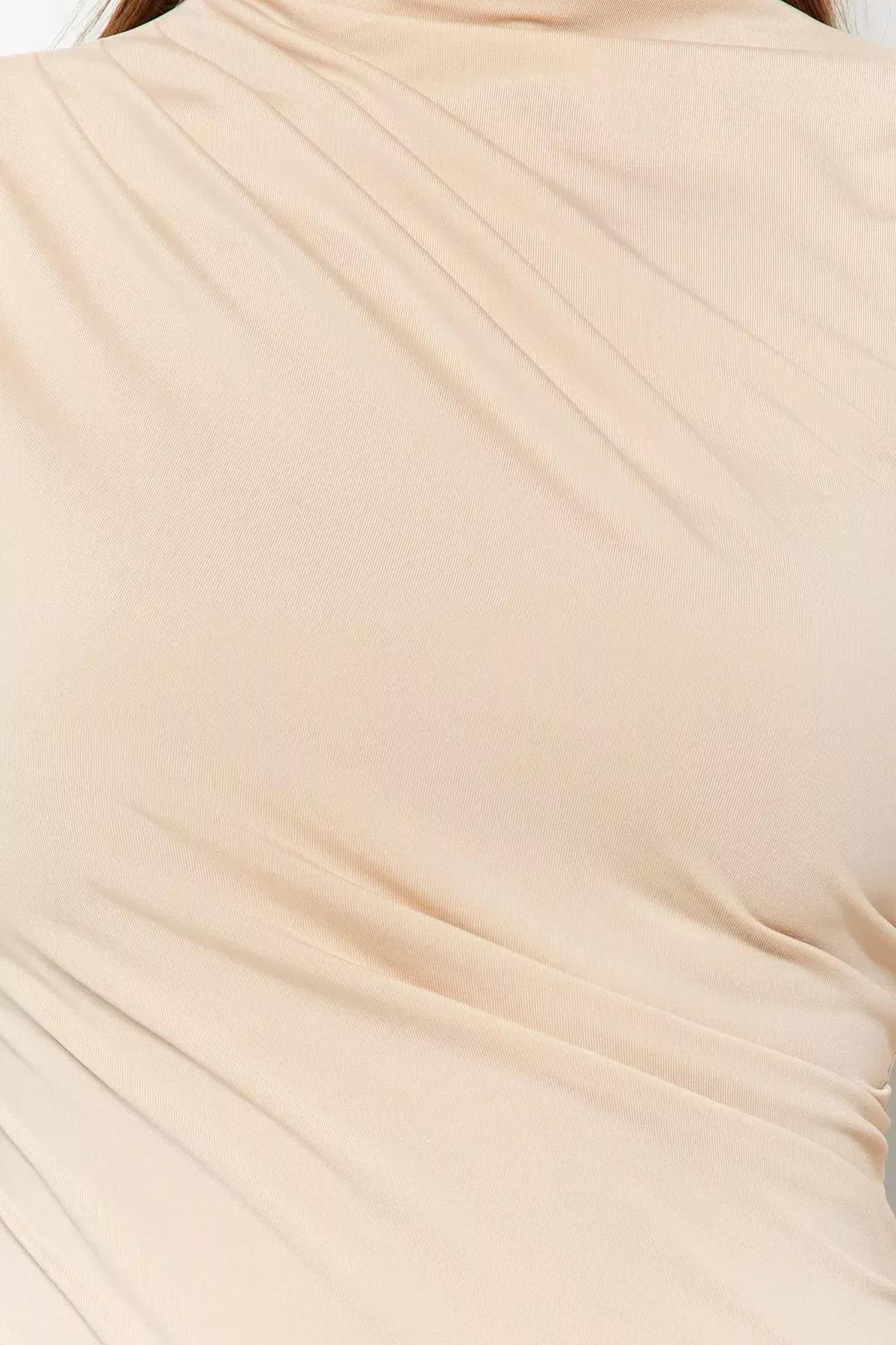 Beige High Neck Elastic Knitted Bodysuit, STONE, large image number 3