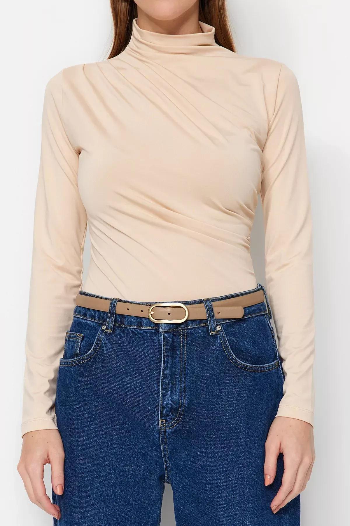 Beige High Neck Elastic Knitted Bodysuit, STONE, large image number 4