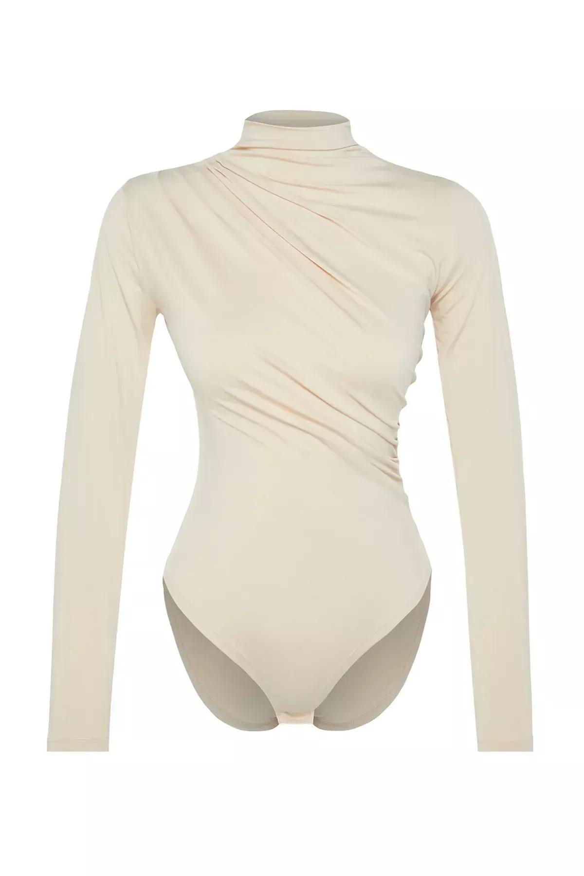 Beige High Neck Elastic Knitted Bodysuit, STONE, large image number 5