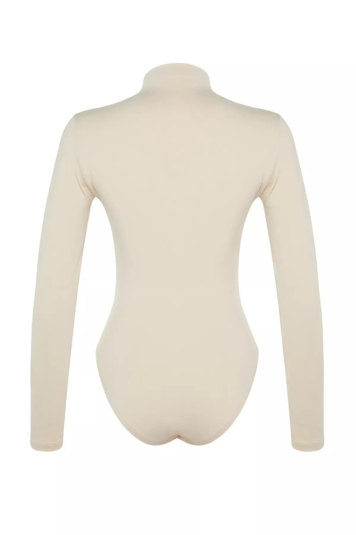 Beige High Neck Elastic Knitted Bodysuit, STONE, large image number 6
